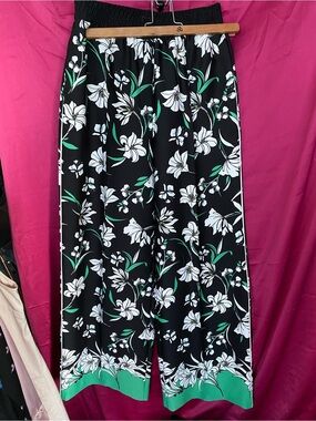 Marks & Spencer Black Wide-Leg Floral Pants with White and Green Print